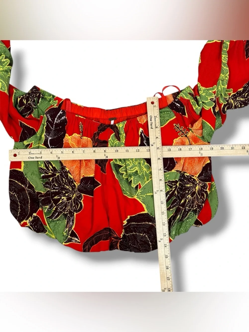 Free People Boho Tropical Flower‎ Print Off Shoulder Puff Sleeve Crop Top Red XS